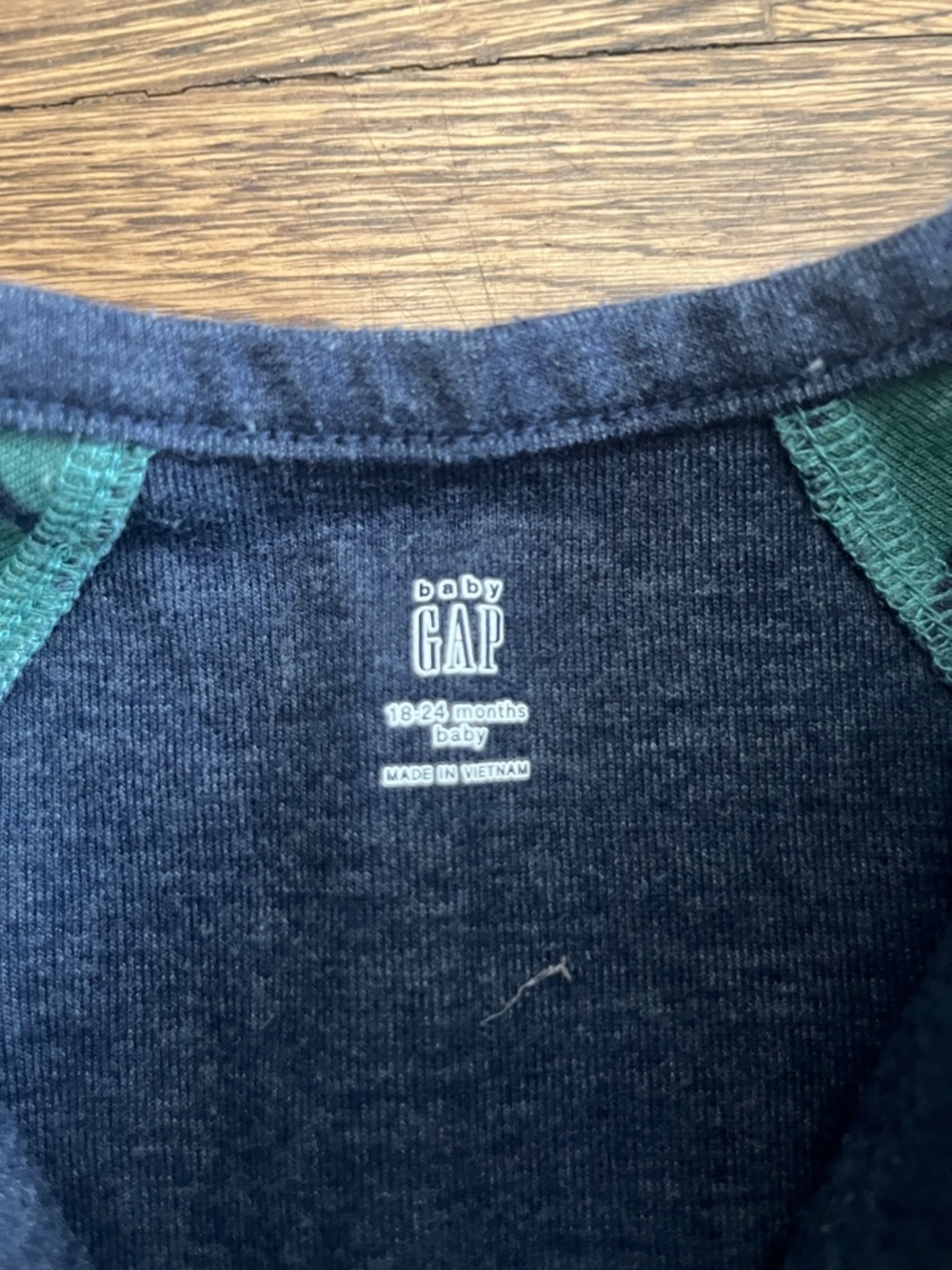 GAP Green Striped Onesie with Navy Raglan Sleeves - Picture 2 of 6